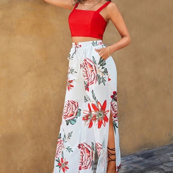 Boho Womens Solid Cami Top & Floral Print Split Thigh Pants set - Picture 4 of 5